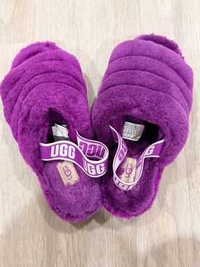 UGG Purple Sheepskin Fuzz Slippers with Logo Strap